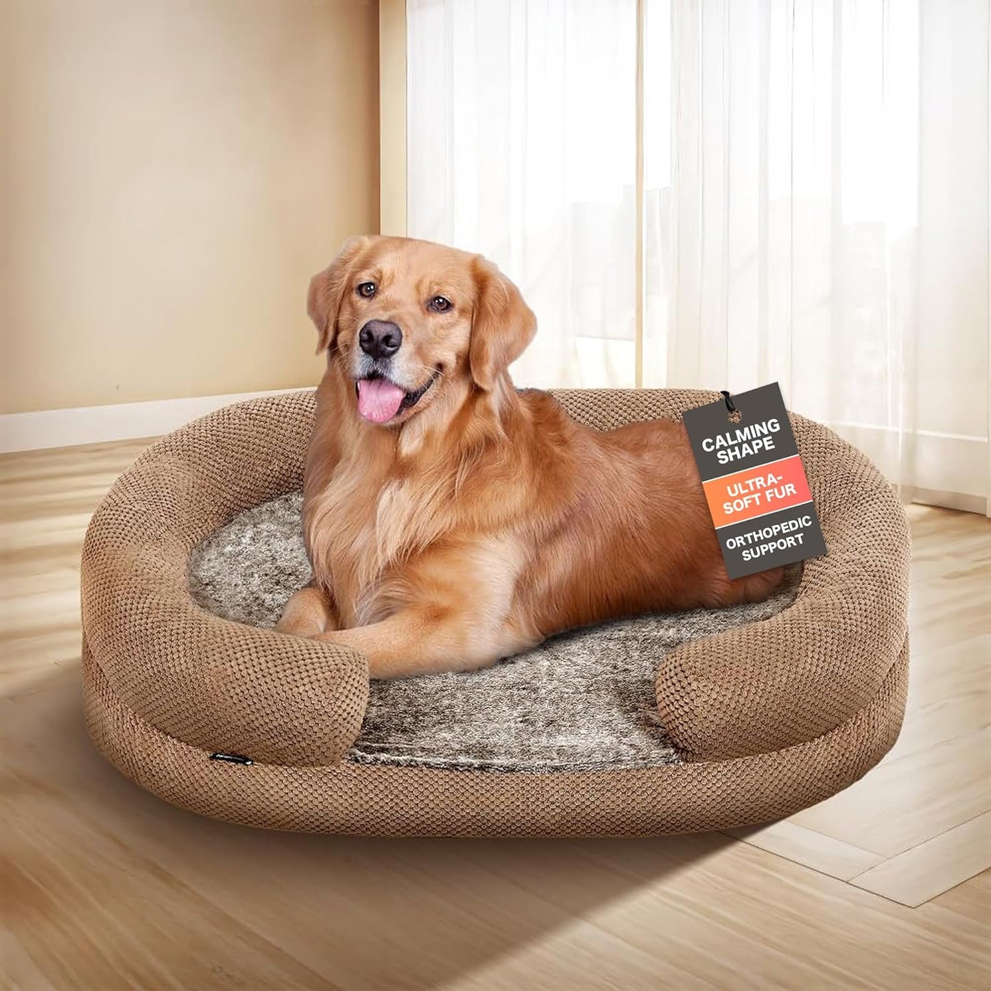 Orthopedic Dog Bed for Large Dogs, Removable Washable Cover, Memory Foam Indestructible Pet Couch for Big Dogs, Sturdy and Cozy Round Bed with Bolstered Sides, Durable Crate Bed, Camel