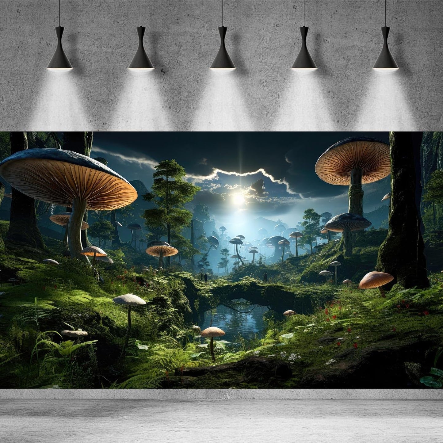Fantasy Mushrooms Landscape Aquarium Background Tranquil Stream Cloudy Sky Terrarium Background Lush Green Tropical Plants Trees Fish Tank Backdrop Decoration Tank Background Poster 24x12in