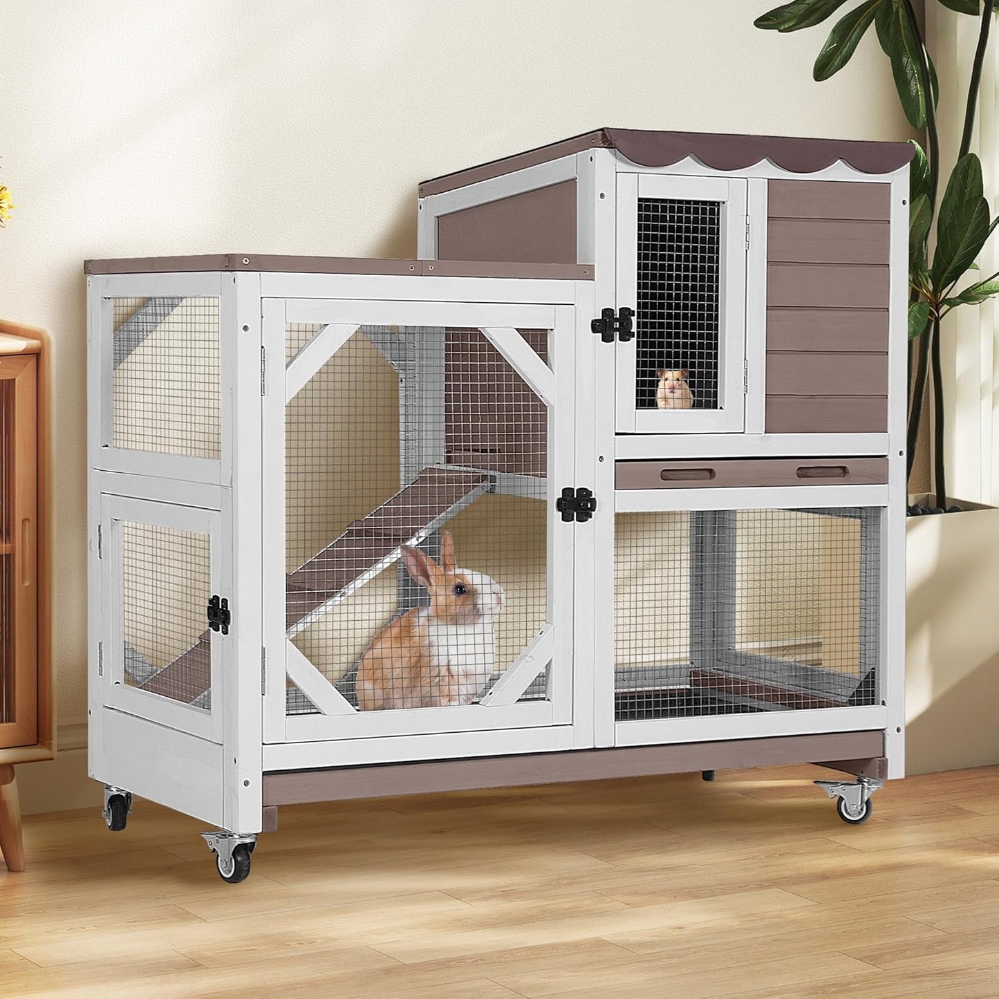 Rabbit Hutch 2-Story Wooden Bunny Cage with 2 Leak-Proof Sliding Trays, Chew-Proof Metal Mesh, Rainproof Cover, Indoor & Outdoor Guinea Pig House with Wheels - Brown