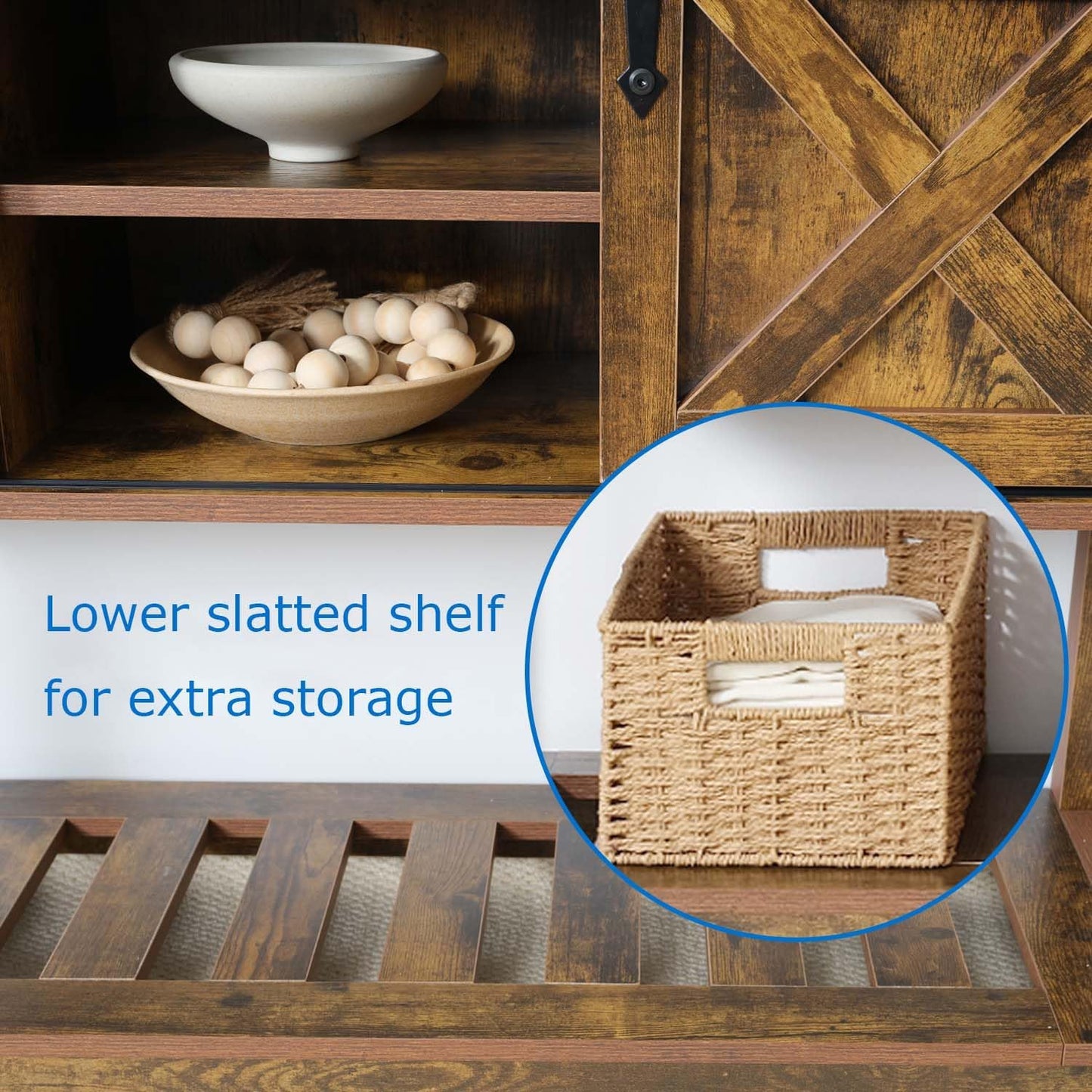 Entryway Table with Storage, Farmhouse Buffet Cabinet Coffee Bar Kitchen Island with Sliding Barn Doors & Shelves, Console Table for Kitchen, Dining Room, Living Room, Brown