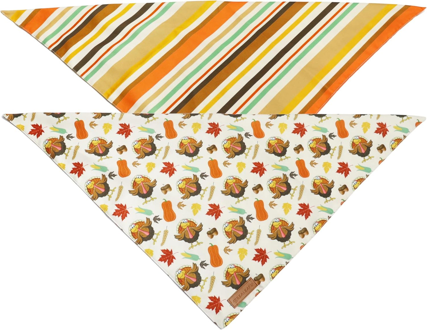 Realeaf Thanksgiving Dog Bandanas 2 Pack,Turkey Pumpkins Fall Stripe Pet Scarf for Boy and Girl, Premium Durable Fabric, Reversible Holiday Bandana for Large and X-Large Dogs Pets