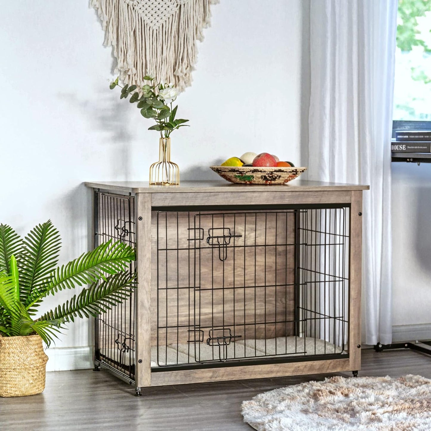 DWANTON Dog Crate Furniture with Cushion, Wooden Kennel Table with Double Doors, Indoor Dog House, Medium Size, 32.5" L, Greige