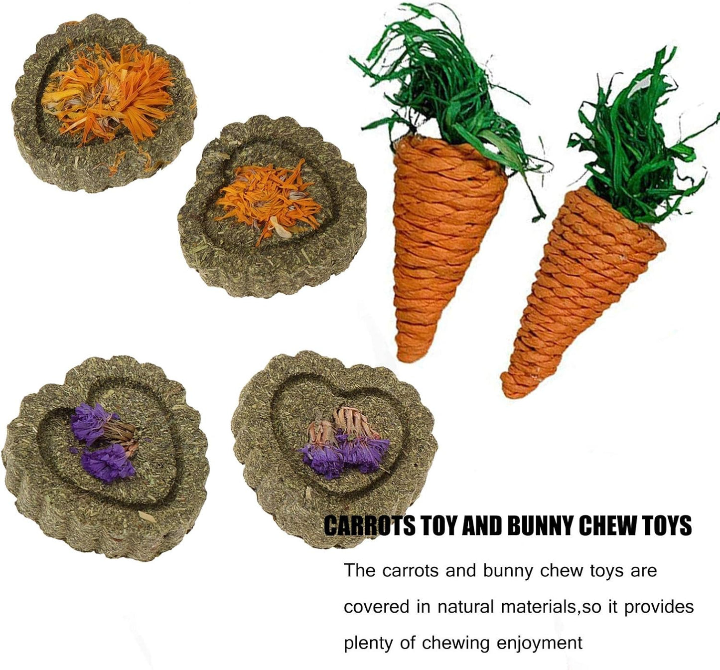 kathson 2 Pcs Rabbit Grass House Natural Foldable Hand Woven Seagrass Bed Carrot Hay Toy Hut Safe Comfortable Playhouse with Bunny Chew Toys for Bunny Hamster Guinea Pig Chinchilla Ferret