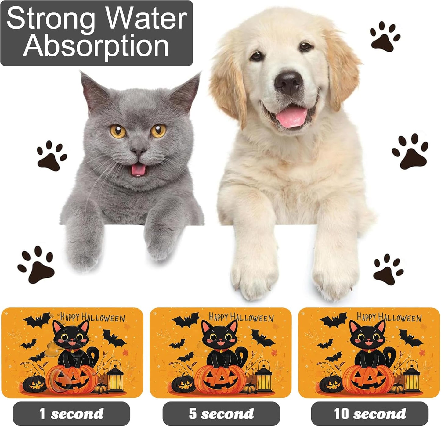 Happy Halloween Cat Pet Feeding Mat for Floors-Absorbent Dog Bowl Mat for Food and Water, Quick Dry Pet Cat Feeding Mats with Non Slip Bottom, Mess-Free Dog Accessories 16"x24"