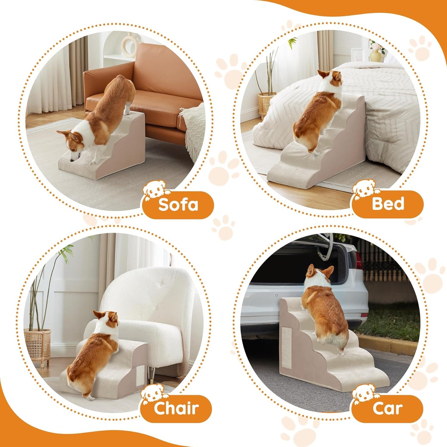 Dogs Steps for Bed, Dog Stairs for Small Dogs, 4-Step Dog Ramp for Bed, Couch, Sofa, and Chairs, Non-Slip Bottom Design, Cat Scratching, High Density Foam Portable Pet Step, Indoor, Beige
