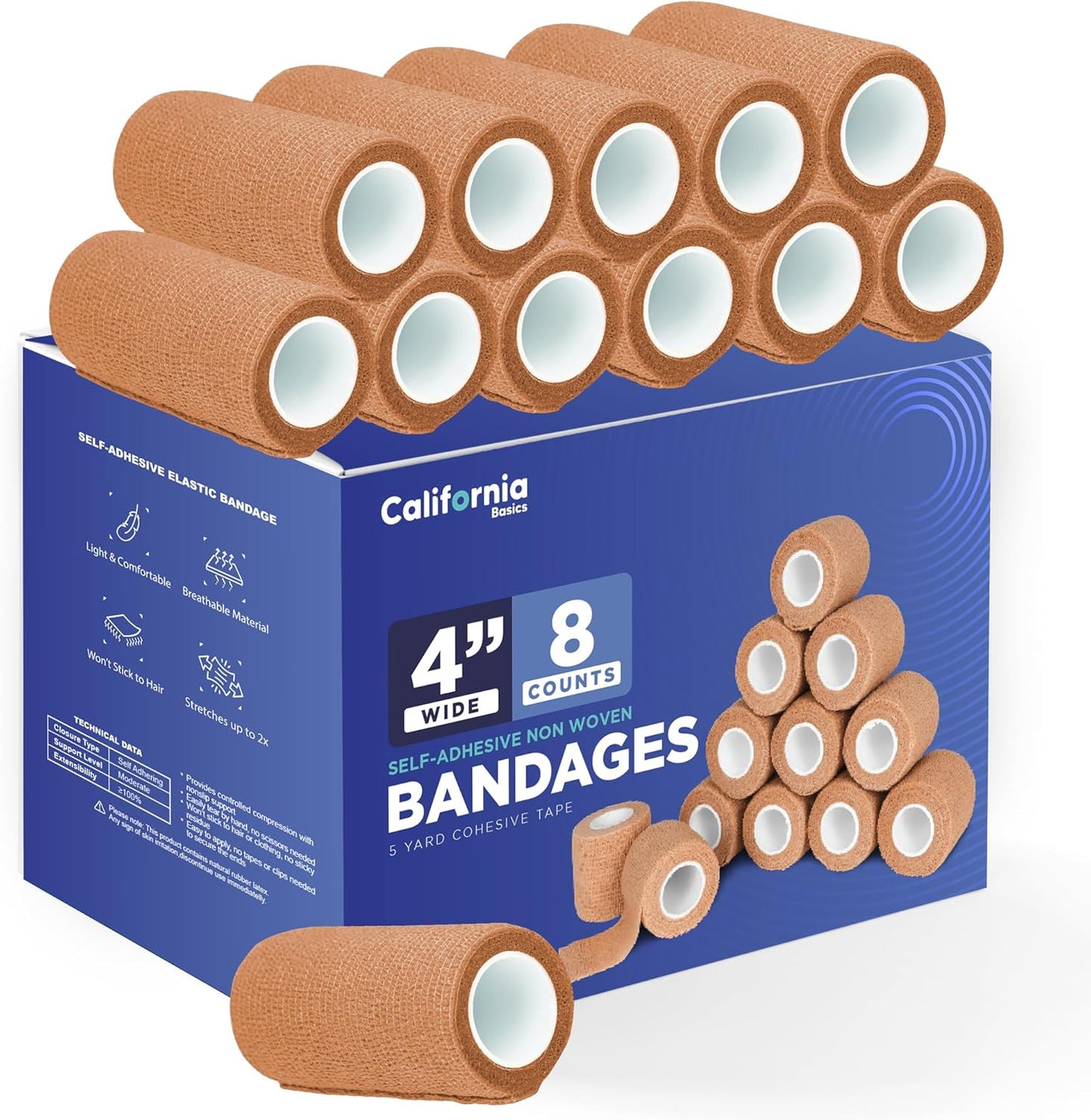 Self-Adhesive Bandage Wrap - Suitable for All Sports - Breathable Athletic Tape for Wrists - Knee and Ankle - Self Adhesive Bandage- 4 Inch- 8 Pack - Brown