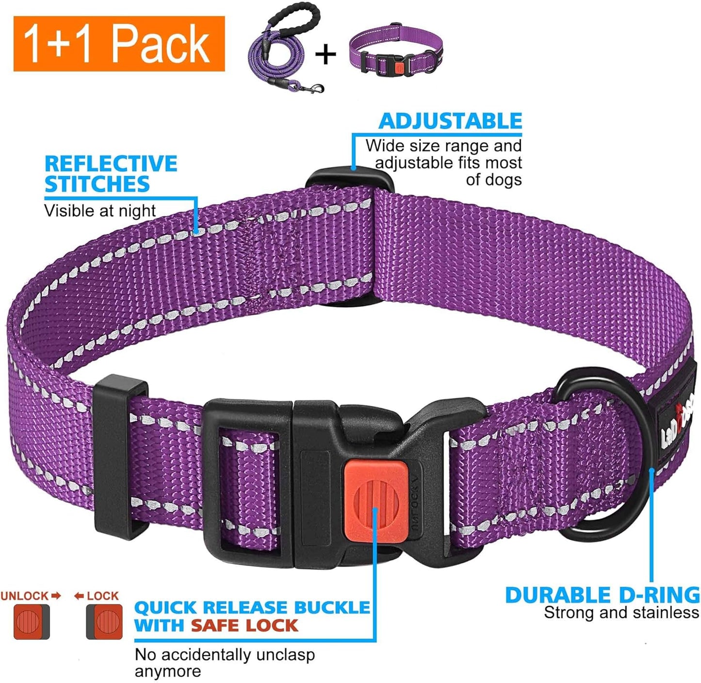 Heavy Duty Dog Leash - Comfortable Padded Handle, 5 ft Long - Dog Leashes for Small Medium Large Dogs (Leash+Collar M Neck 16"-20", Purple)