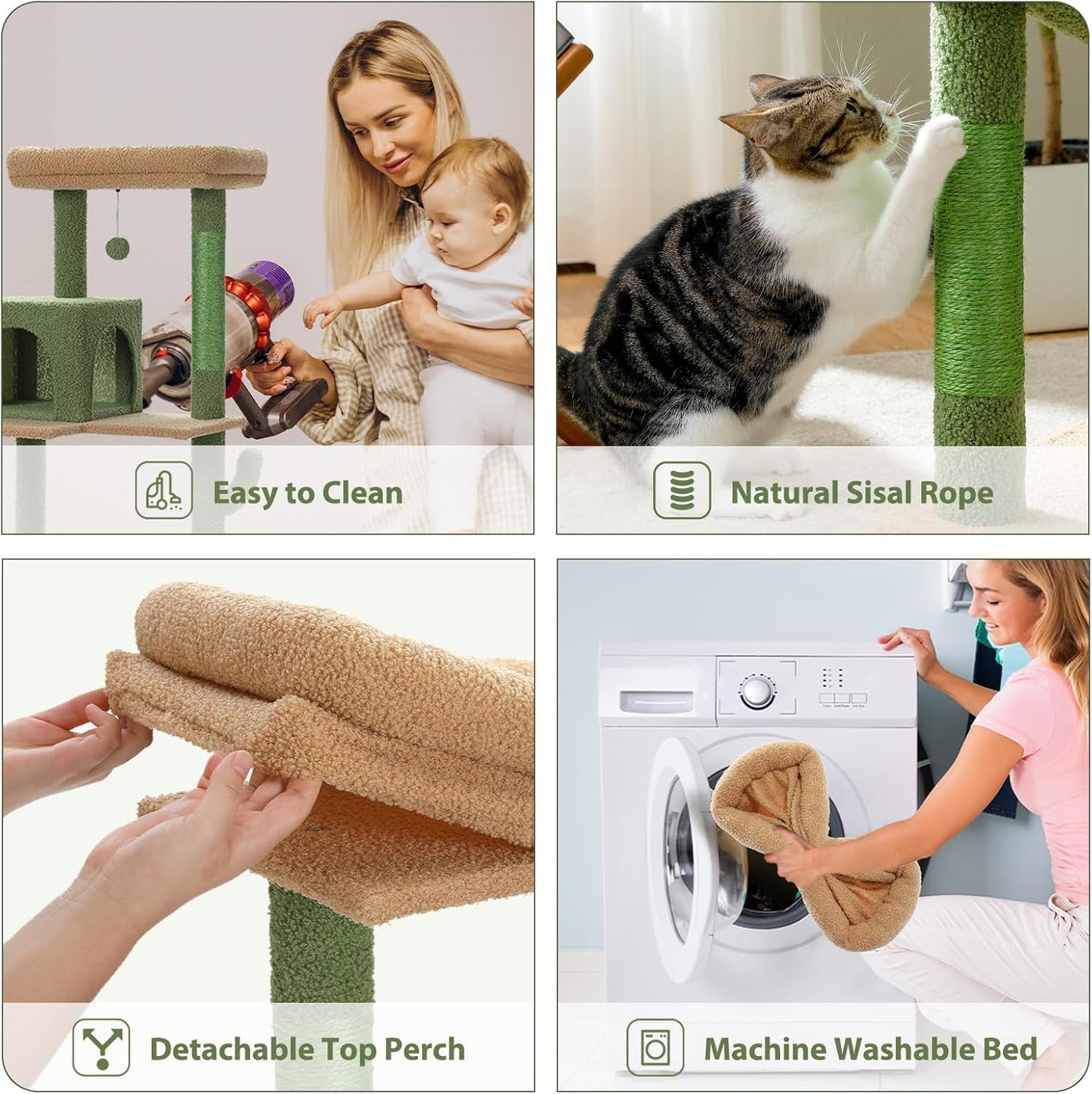 PETEPELA 56.3'' Tall Cat Tree for Indoor Cats, Cactus Cat Tower with Super Large Hammock (20''X16''), Sisal Covered Scratching Posts, Cozy Condo and Top Perch Green