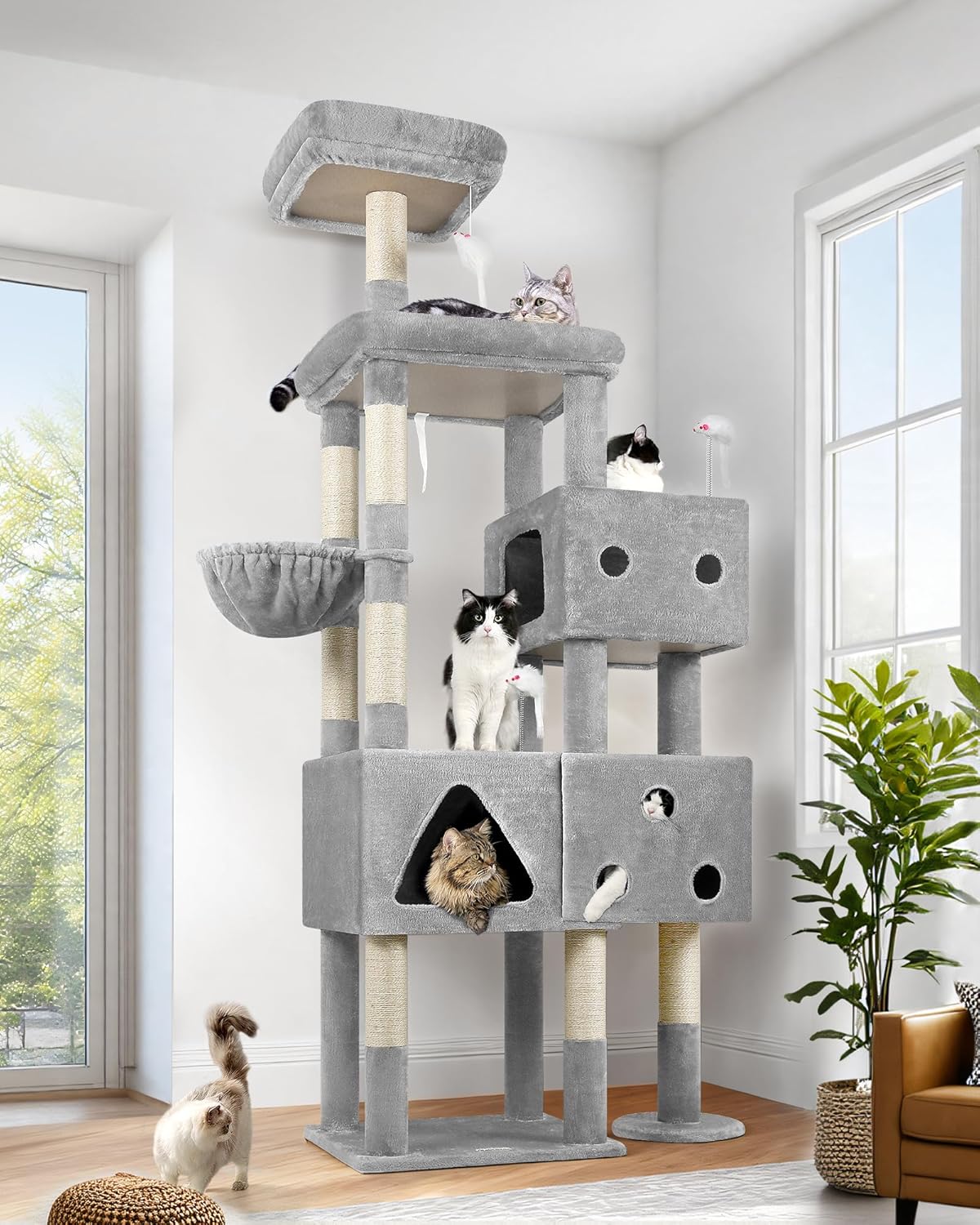 Globlazer Extra Large Cat Tower, 81-inch Tall Cat Tree for Big Cats 20 lbs, XXL Heavy Duty Cat Scratching Tower for Indoor Adult Cats with 3 Cat Condos, 8 Scratching Posts, F81, Light Grey