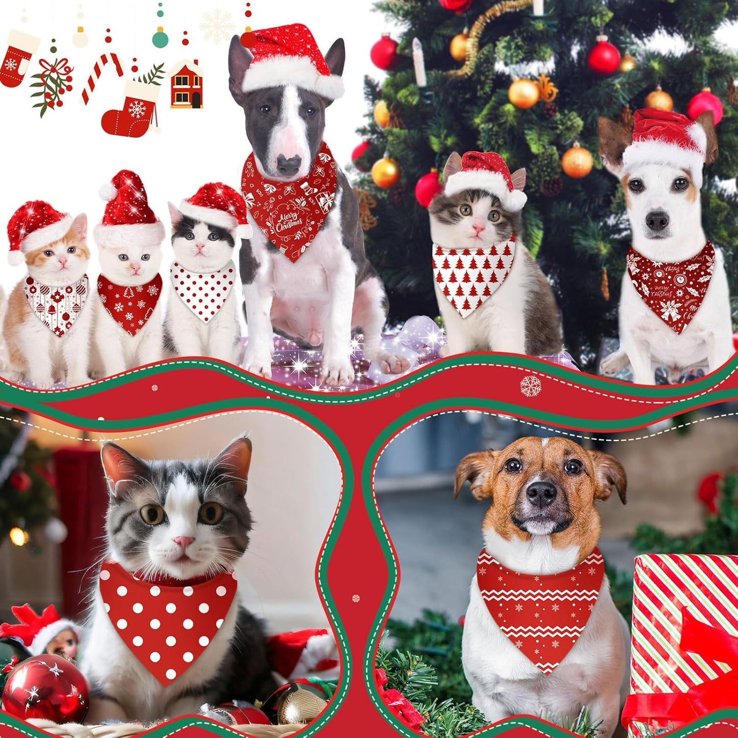 Abbylike 50 Pcs Christmas Dog Bandanas Bulk Xmas Red and White Bandanas for Dogs Triangle Kerchief Bibs Scarf Set for Pet Christmas Costume Photo Props Accessories Pet Shops (25.6 x 17.7 x 17.7)