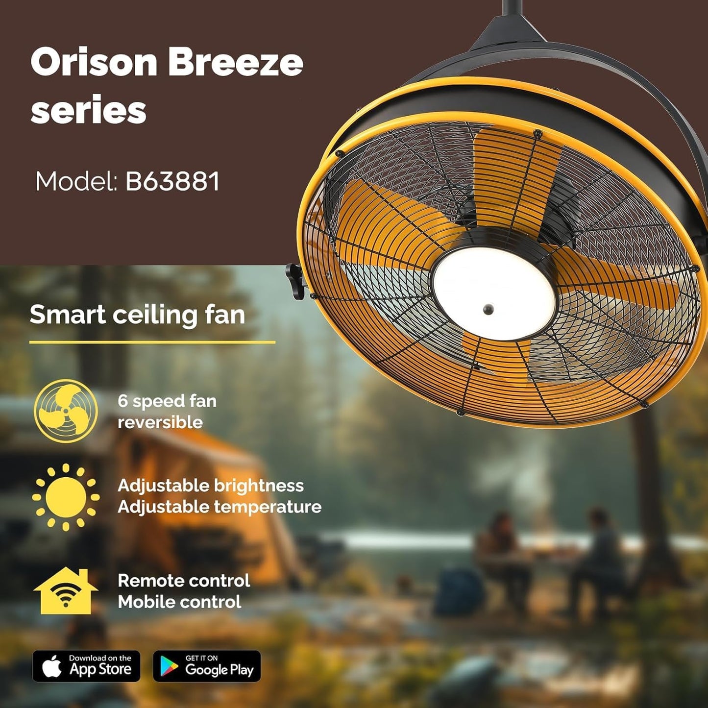 Orison 24.8'' Waterproof Outdoor Ceiling Fan, 6 Speed Ceiling Mounted Plug-In Cord Garage Fan with Remote&APP, 360-degree Manual Vertical Rotation, Hook hanging for Gazebo, Patio, Pergola (Yellow)