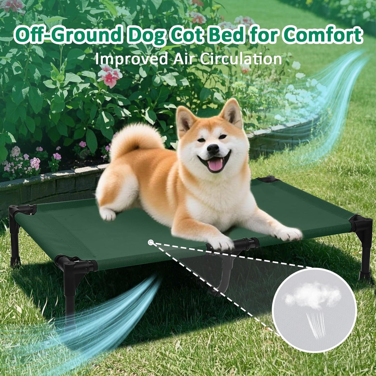35 Inch Cooling Medium Elevated Outdoor Dog Bed, Raised Dog Cot Beds with Breathable & Washable Mesh, Lifted Pet Hammock Bed with Anti-Slip Feet (M, Green)