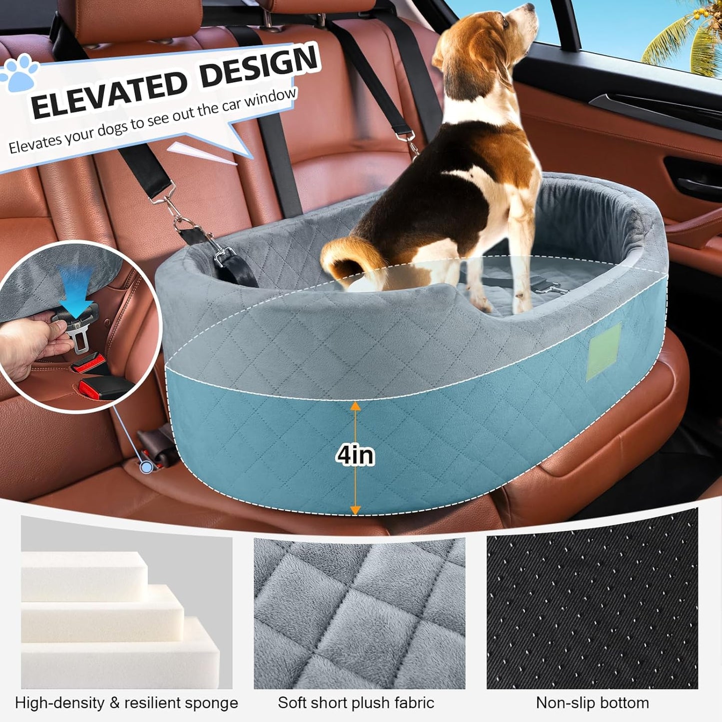 Dog Car Seat for Medium & Large Dogs up to 55 lbs, Elevated Booster Seat with Anti-Slip Base, Detachable & Machine-Washable Pet Car Bed for SUV/Sedan (Gray)