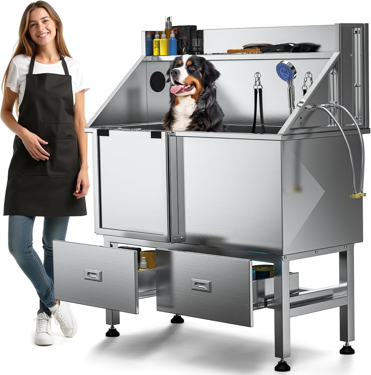 DWVO Professional Dog Bathing Station Stainless Steel 304 Pet Bathtub, 50in Dog Grooming Tub w/Right Door Ramp, 2 Storage Drawers, Grate, Pet Washing Station for Large, Medium, Small Pets