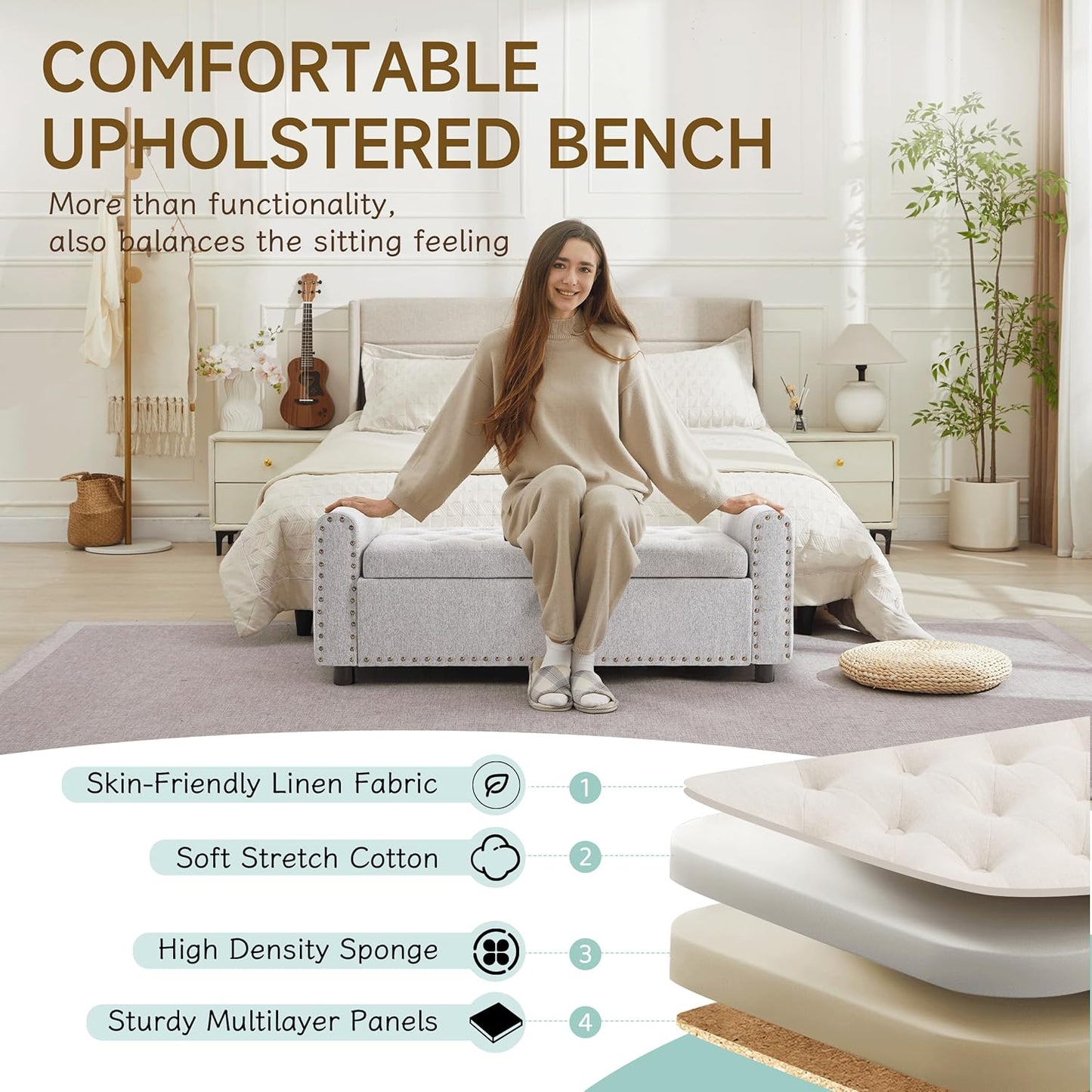 Ottoman with Storage, Tufted Storage Bench for Bedroom, 48" Fabrics End of Bed Bench, Upholstered Entryway Shoe Benches with Rolled Arm & Inner Zipper, Window Ottomans Chest with Rivets, Light Grey