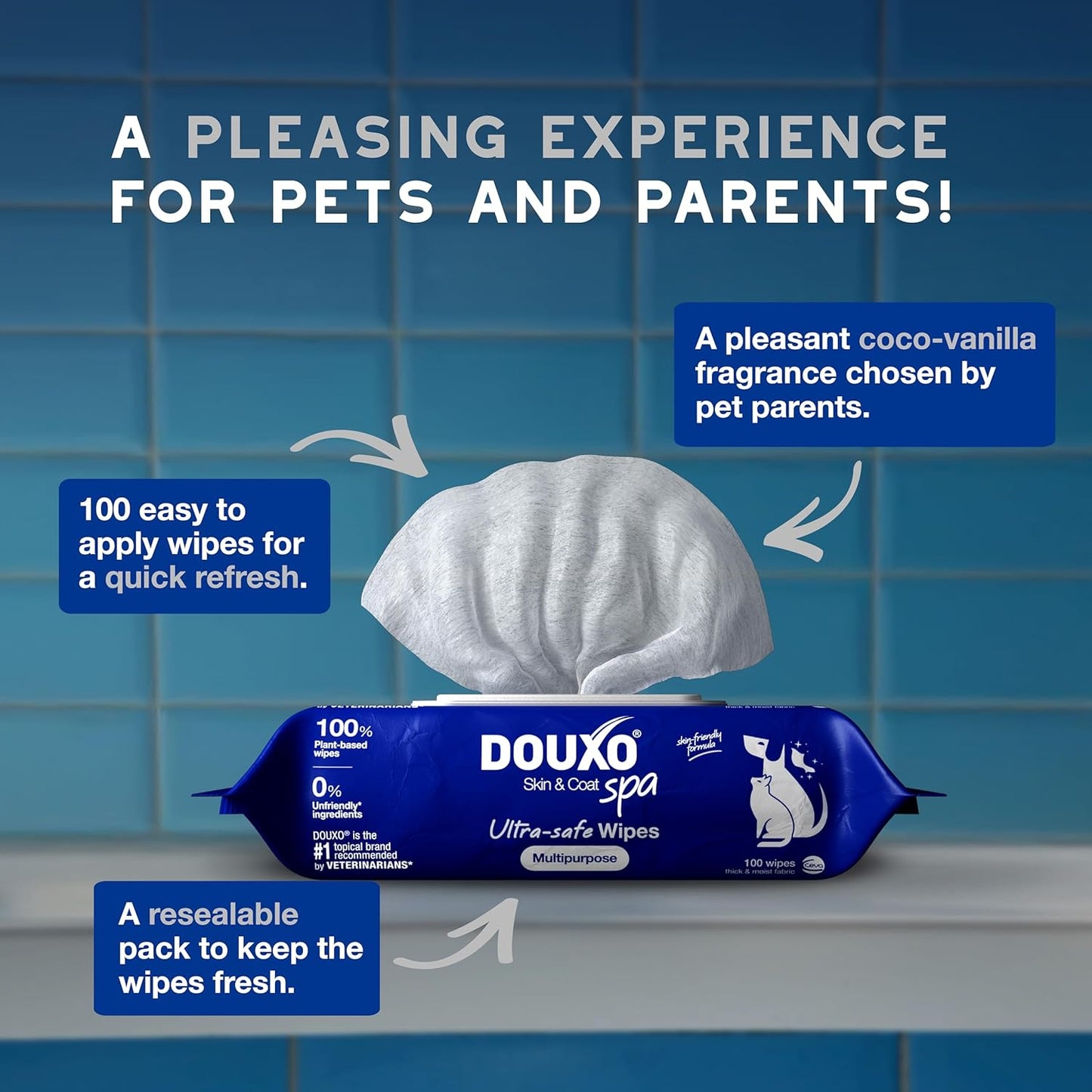 DOUXO® Skin & Coat SPA - Ultra-Safe Multipurpose Wipes for Dogs and Cats, 100 Wipes, Gently Removes Tear and Saliva Stains, Leaves the Coat and Skin Refreshed and Smelling Great, Skin-Friendly Formula