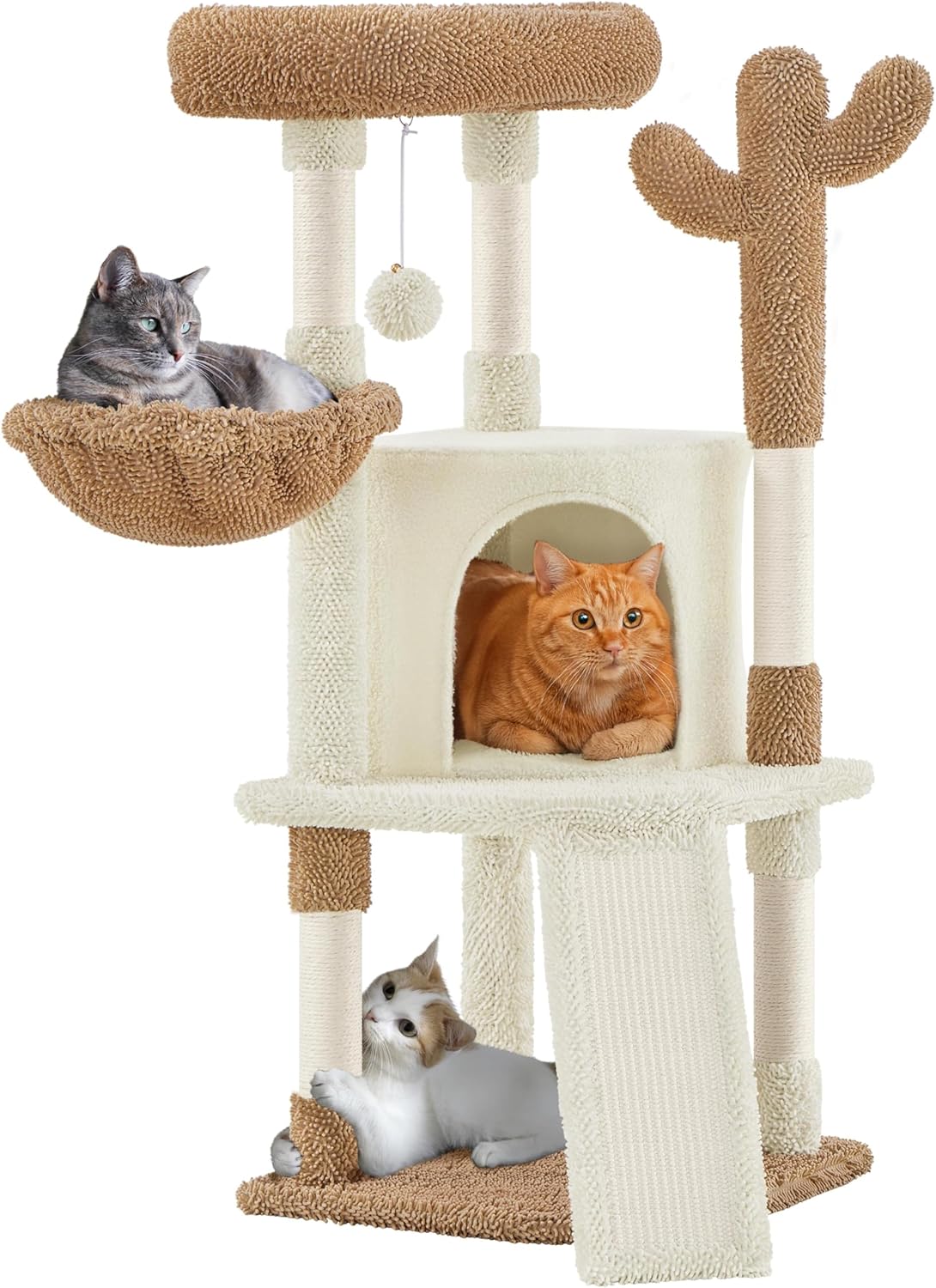 Yaheetech Cactus Cat Tree, 42in Cat Tower for Indoor Cats, Multi Level Kitten Condo Scratching Post, Pet Activity Center Furniture w/Ball, Plush Perch, Platform, Basket, Beige/Brown