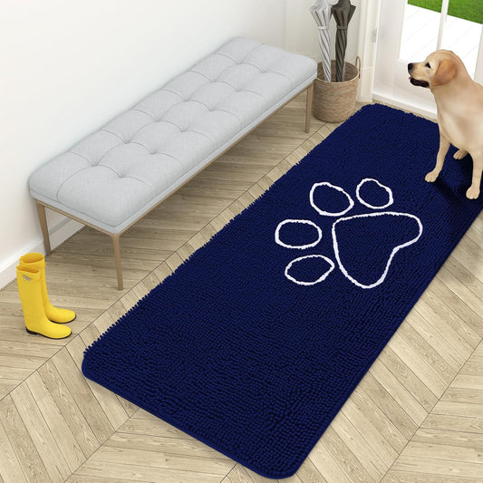 OLANLY Door Mat for Muddy Dog Paws 59x24, Ultra Absorbent Chenille Mud Doormat with Paw Print Design, Non-Slip Washable Doormat for Indoor Entryway, Quick-Dry Pet Bed Mats for Dirty Dogs, Navy Blue