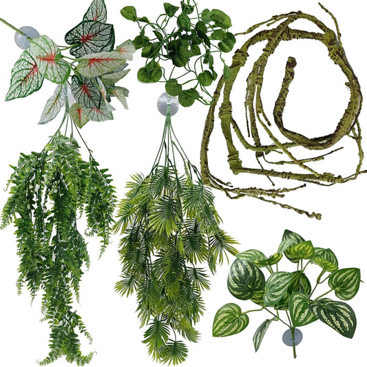 Reptile Plant for Bearded Dragon Tank Accessories, Terrarium Plant Artificial Decor for Snake Cage, Fake Plant for Leopard Gecko Habitat, Lizard Chameleon Ball Pythons (Group E)