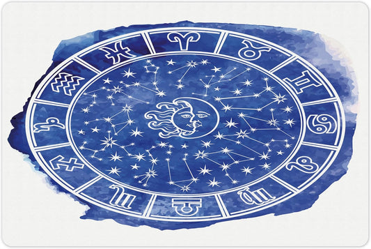 Lunarable Sun and Moon Pet Mat for Food and Water, Zodiac Circle Watercolor Backdrop Astrology Divination Fantasy Mystic, Non-Slip Rubber Mat for Dogs and Cats, 18" X 12", Blue White