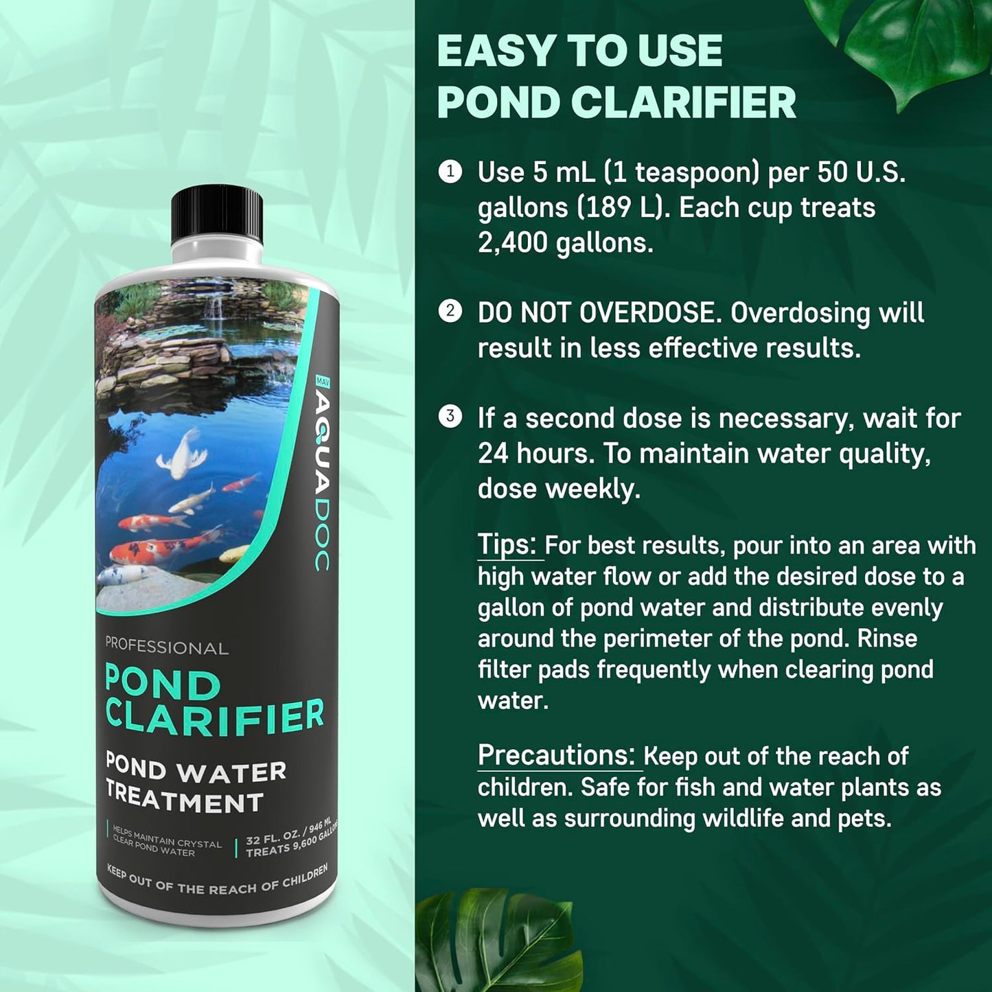 AquaDoc Pond Water Clarifier 32oz – Enzyme-Based Treatment for Koi and Fish Ponds – Helps Clear Cloudy Water and Reduce Sludge