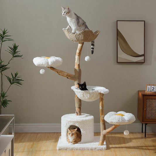 59" Modern Cat Tree Tower for Large Cats w/2 Flower Perches-Natural Solid Wood Scratching Post with Real Branch-Luxury Boho Cat Furniture w/Condo & Wicker Basket Bed, Cloud White