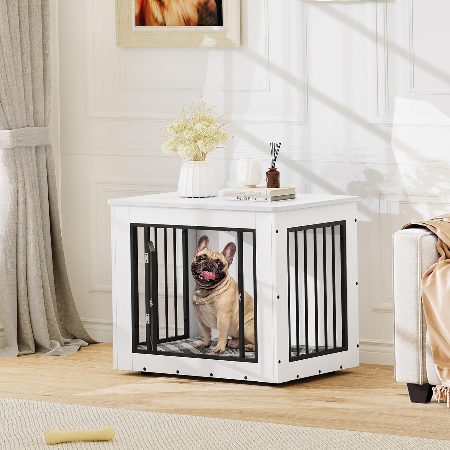 YITAHOME 30.1" L Dog Crate Furniture for Medium Dogs, 2-in-1 Iron-Wood Fusion Dog cage Indoor up to 35 lb, Side End Table, Modern Dogs Kennel with Waterproof Top, Safety Corners,Steel Lock,White