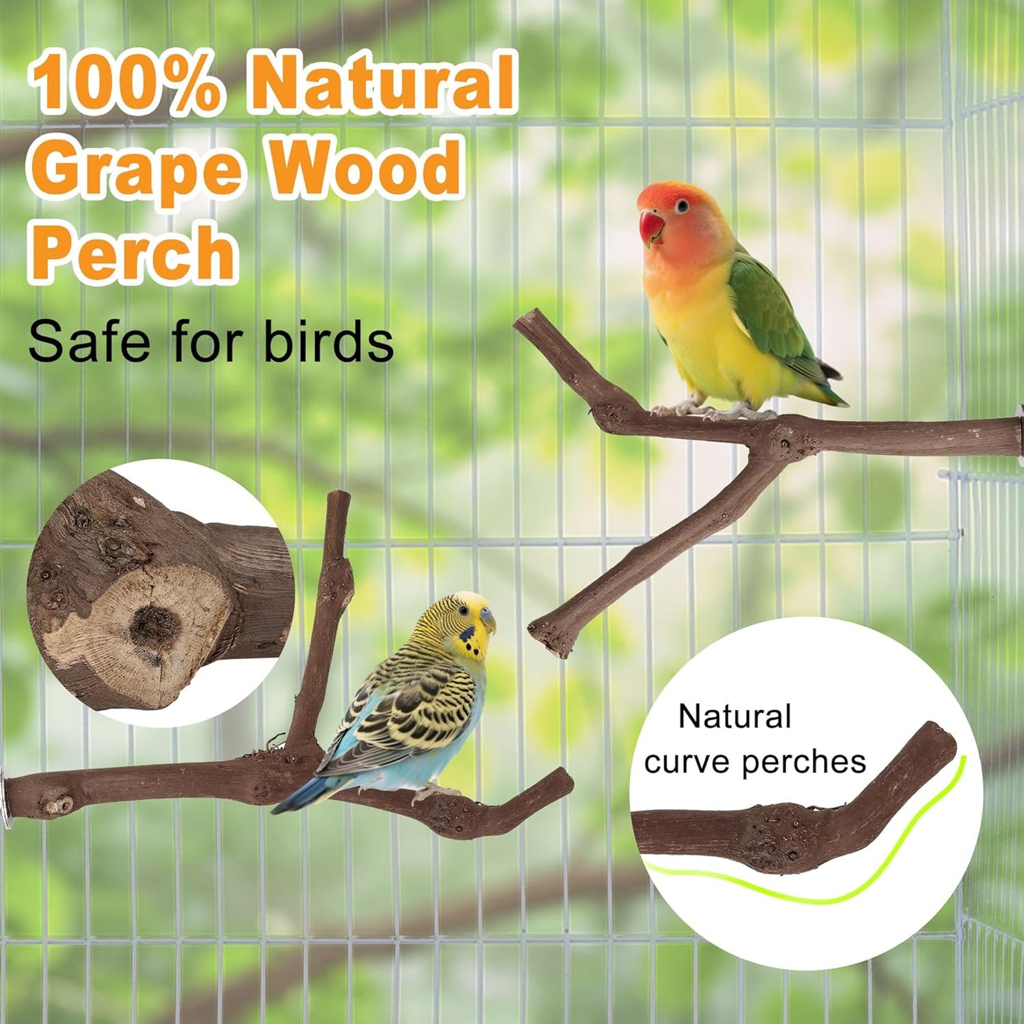 7PCS Bird Perches, Natural Wood Parrot Perch Stand, Bird Perch Chewing Stick Cage Accessories Hanging Multi-Branch Perch Platform Swing Toy for Parakeets, Cockatiels, Small Medium Birds