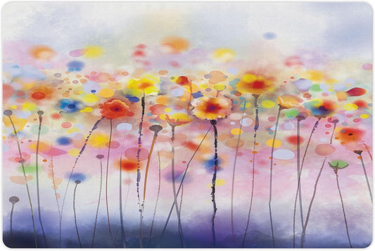 Lunarable Watercolor Flower Pet Mat for Food and Water, Flowers in Soft Colors Dreamy Abstract Colorful Blurred Display, Non-Slip Rubber Mat for Dogs and Cats, 18" X 12", Orange Purple