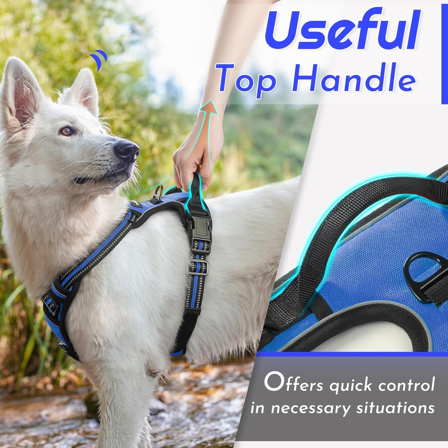 Eagloo Dog Harness for Large Dogs, No Pull Service Vest with Reflective Strips and Control Handle, Adjustable and Comfortable for Easy Walking, No Choke Pet Harness with 2 Metal Rings, Blue, L