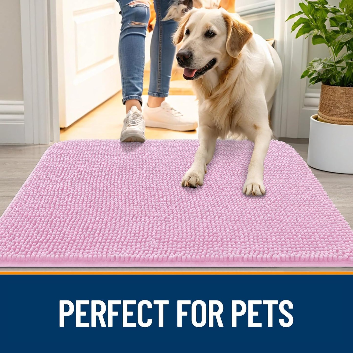 OLANLY Dog Door Mat for Muddy Paws 59x35, Absorbs Moisture and Dirt, Absorbent Non-Slip Washable Doormat, Quick Dry Chenille Mud Mat for Dogs, Entry Indoor Entryway Carpet for Inside Floor, Pink