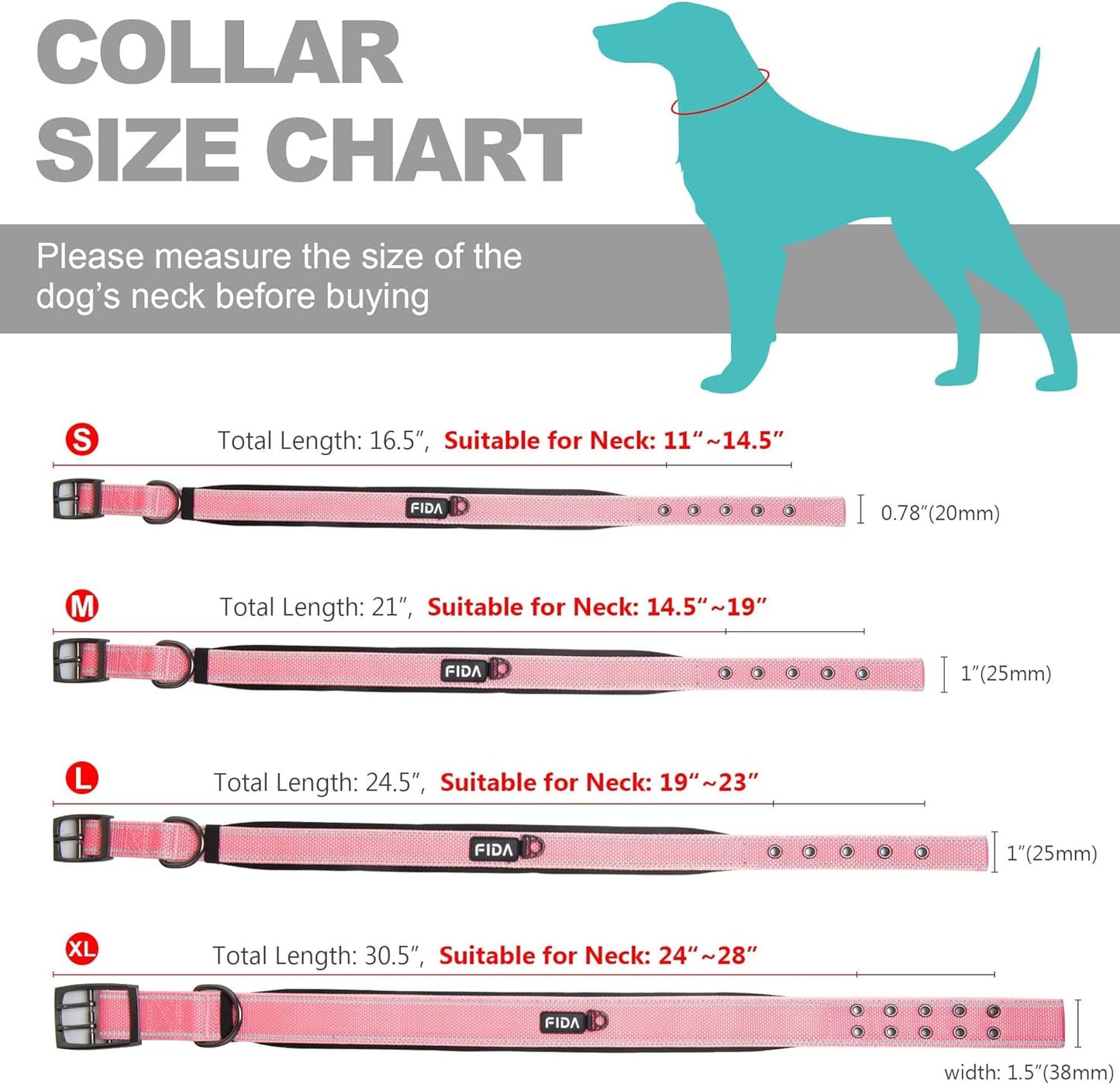 Fida Heavy Duty Dog Collar, Ultra Comfortable Soft Neoprene Padded, Adjustable Reflective Nylon Pet Collar with Durable Metal Belt Buckle for Small Breeds (S, Pink)