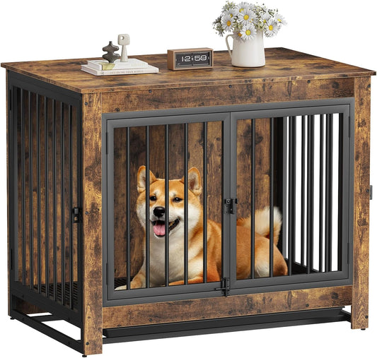 Dog Crate Furniture, Dog Crate End Table for Medium and Large Dogs,Wooden Cage Kennel Furniture Indoor, Modern Dog Crate with Multi-Purpose Removable Tray, Double-Doors Dog Furniture