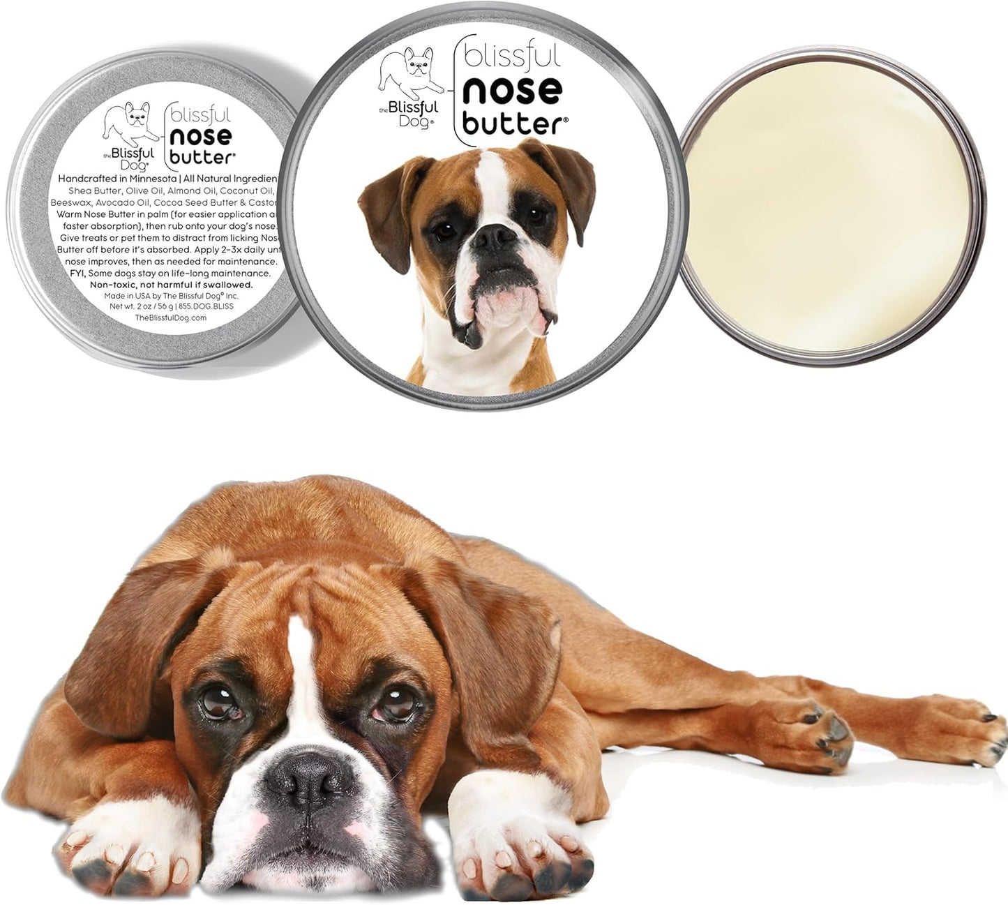 The Blissful Dog Fawn Boxer Nose Butter for Dry, Cracked Skin, Lick-Safe Dog Nose Balm with Moisturizing Shea Butter, Almond, Olive, and Essential Oils, Pet Supplies, Uncented, 1 oz.