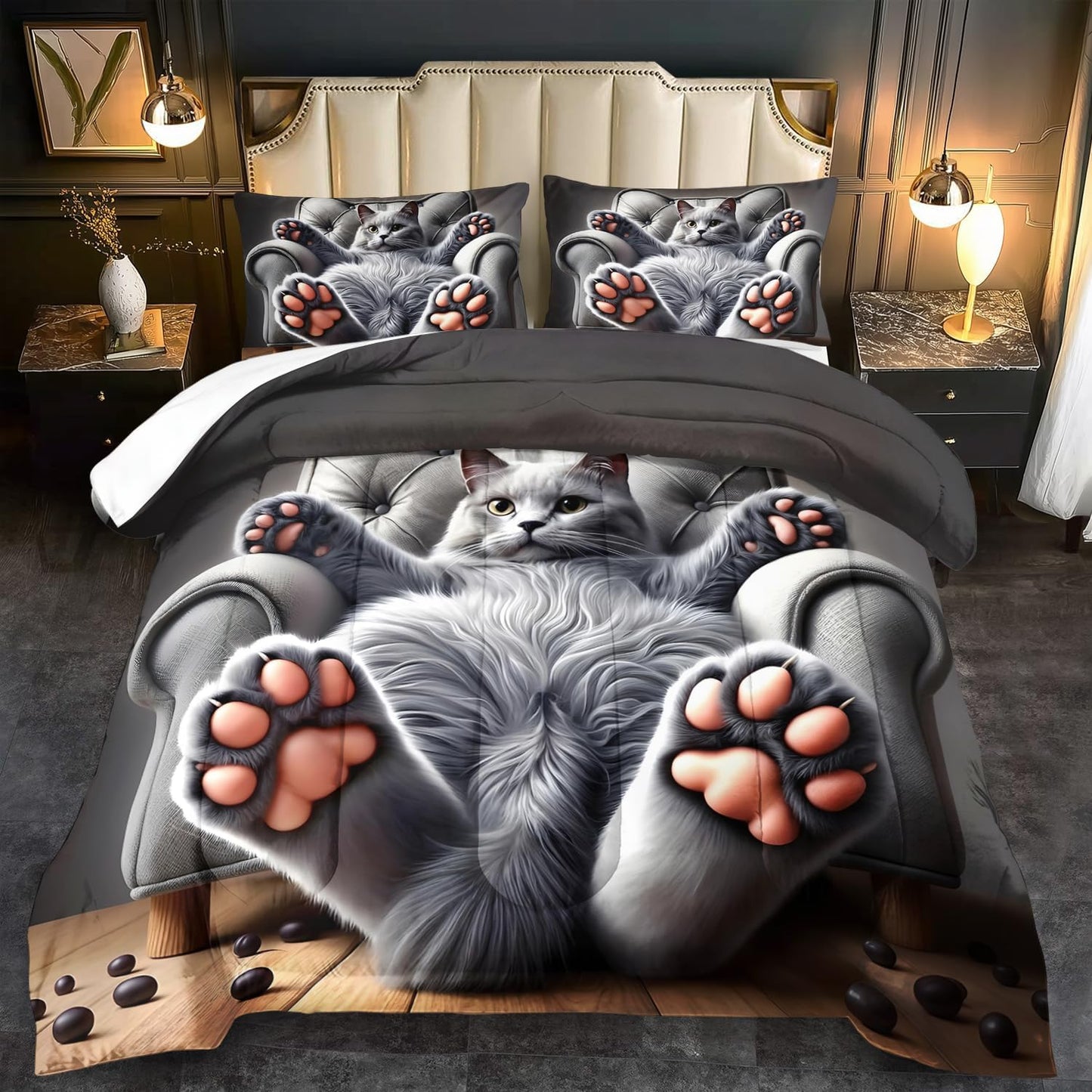 Cute Cat Comforter Set King,Grey Kawaii Cat Bedding Set Adult,Cute Animal Comforter for Boy,American Shorthair Bedding Grey,Kawaii Animal Print Quilt Bedroom Decor Kids