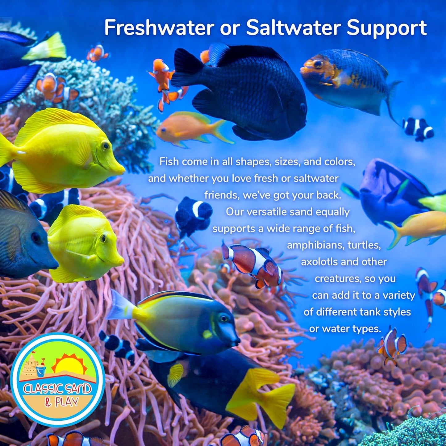 CLASSIC SAND & PLAY Natural Aquarium Sand for Freshwater and Saltwater Tanks, 20 lb. Bag, Improves Filter Life and Filtration Process, Pre-Washed Fine Sand, Blue