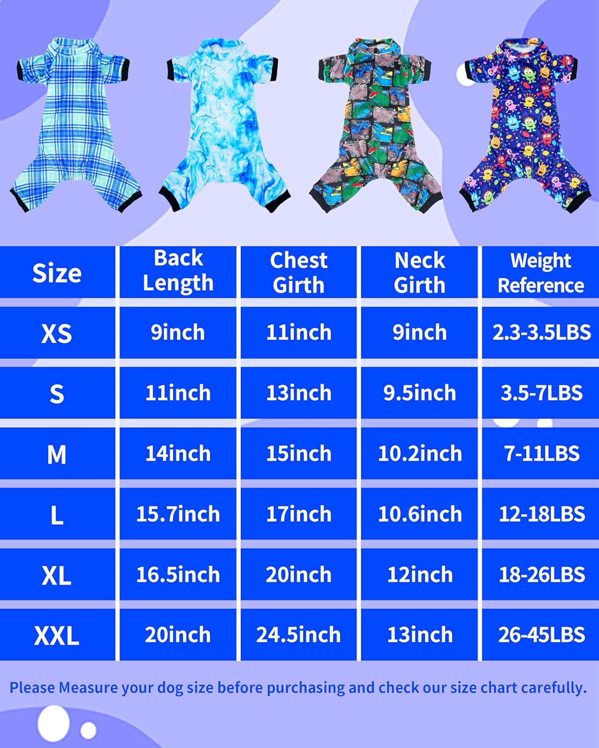 PET SHOW 4 Pack Small Dog Pajamas Cute Dinosaur Monster Clothes for Medium Dogs Soft Stretchy PJs Plaid Jumpsuit Puppy Tie Dye Onesies Outfits with Sleeve Pets Dachshund Costume(XL, Blue for Boys)