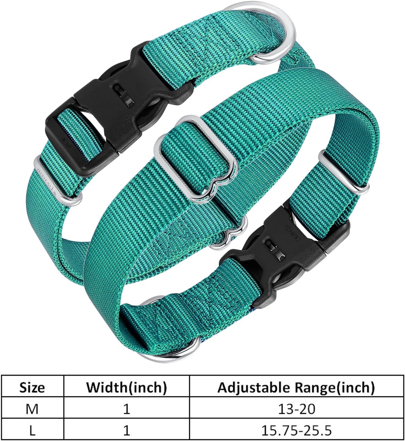 Mikivery Nylon Dog Collar with Quick Release Buckle Soft Adjustable Sturdy for Small Medium Large Dogs Teal,L