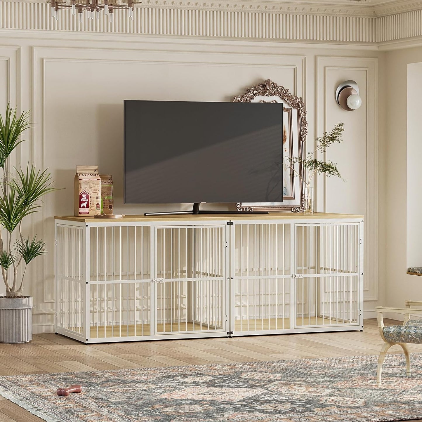 Lyromix 43'' Dog Crate Furniture with 3 Doors, XL Wooden Crate End Table, Heavy Duty Indoor Puppy Cage Kennel for Medium to Large Dogs, Multiple Units Can be Combined, Natural Beech