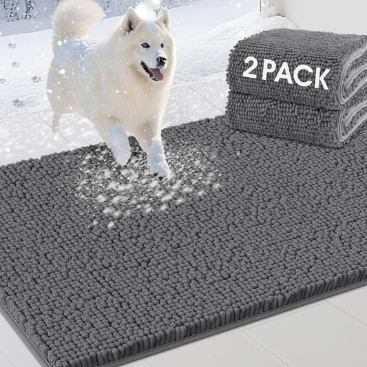 2 Pieces Muddy Door Mats for Dogs, Chenille Absorbent Pet Mats, Quick Dry, Trap Dirt Non Slip Heavy Indoor Doormat Soft Dog Bed Mat Front Inside Door Mat for Indoor Outdoor Entrance,Grey