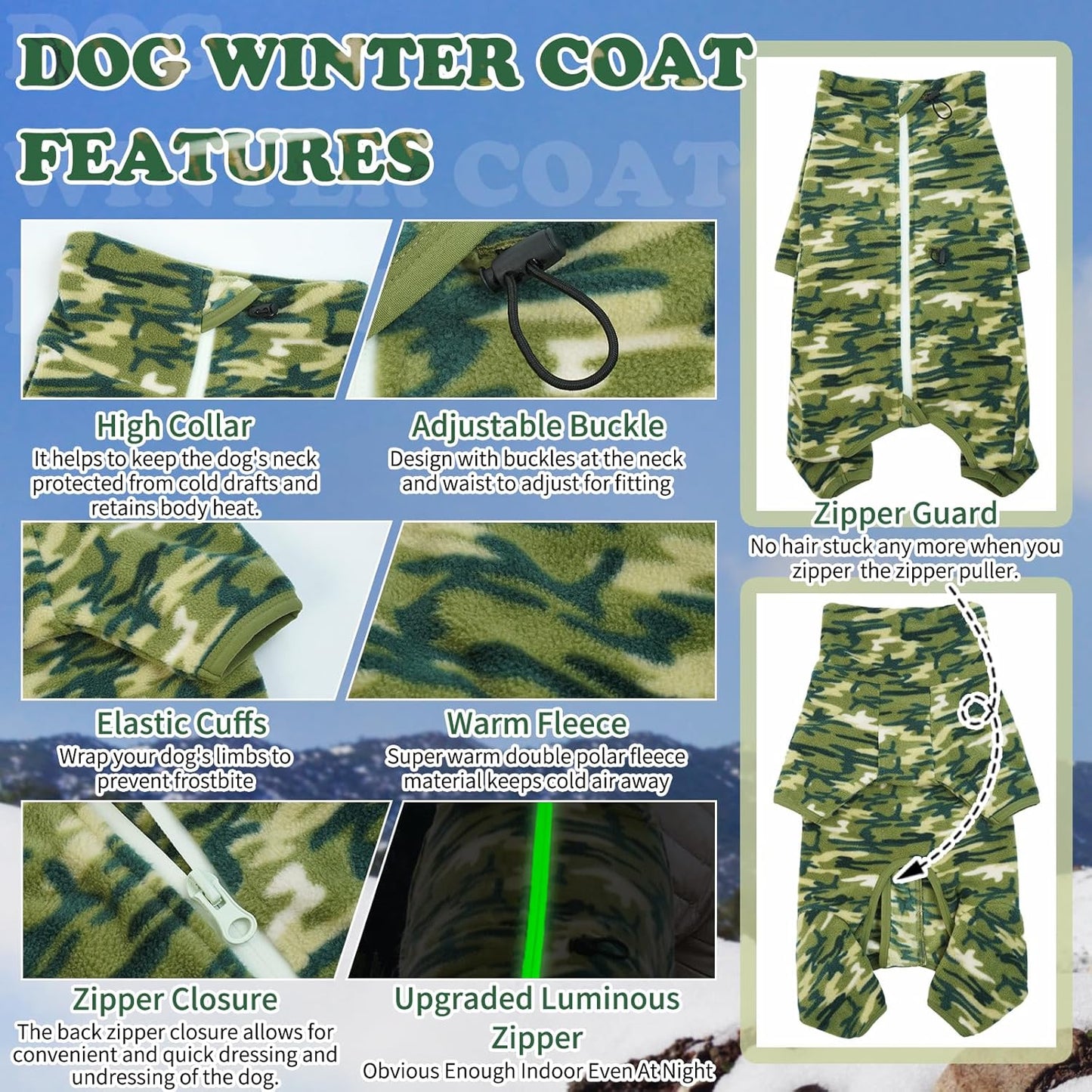 ROZKITCH Warm Dog Clothes, Pet Windproof Warm Cold Weather Jacket Vest with Luminous Zipper, Jumpsuit Apparel Outfit Clothes for Small Medium Large Dog Camo XL
