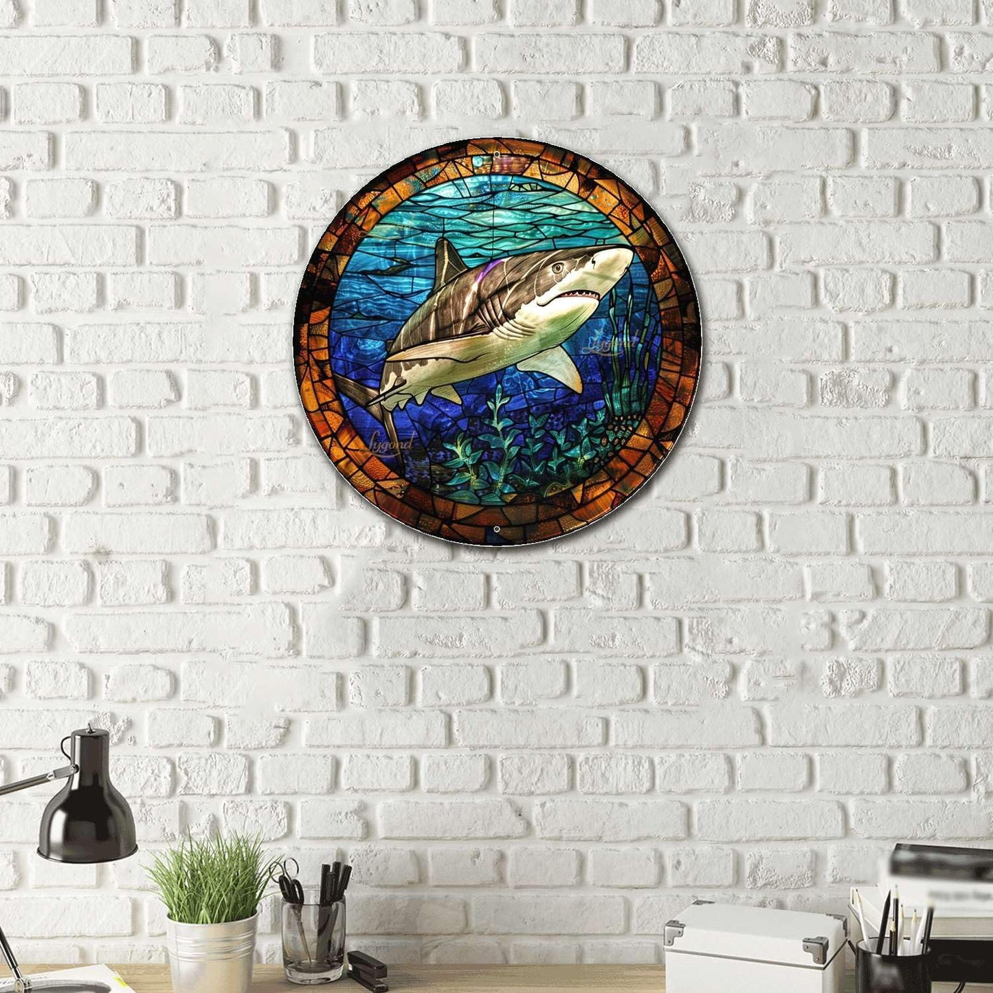 Lygond Metal Sign Tin Sign Circular Stained Glass Shark Funny Outdoor Decor for Garage 8×8 Inches