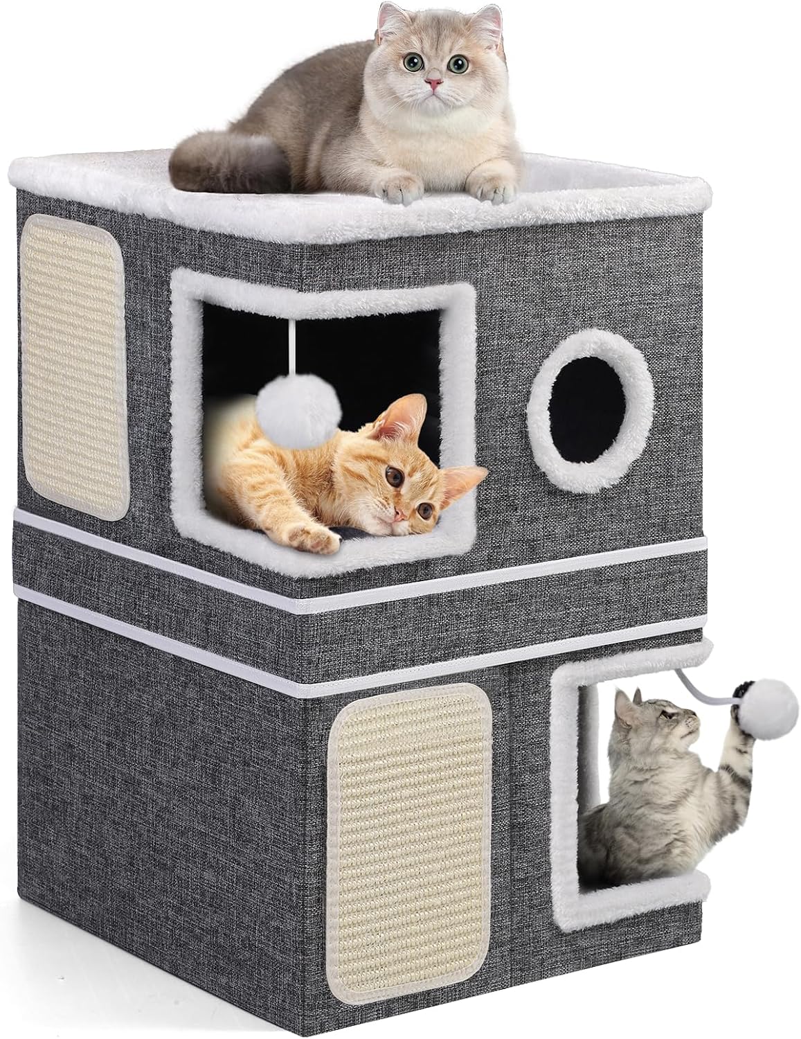 2-Storey Cat House for Indoor Cats, Separate Into 2 Large Cat Bed Cave with Hideaway Condos, Scratch Pads, Hanging Balls, Foldable Indoor Cat House Hold Up to 30LBS, Cat Cube for Multiple Cats Kitten