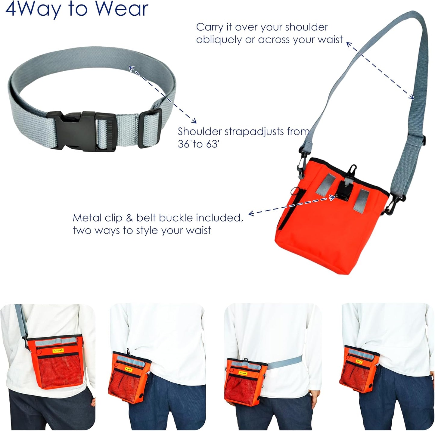 Dog Treat Pouch with Magnetic Closure 4-Cup Silicone Bag Fanny Pack Holder with Clicker 4 Ways to Wear Front Pocket Fits All Phones Ideal for Leash, Pet Walking and Training（Orange）