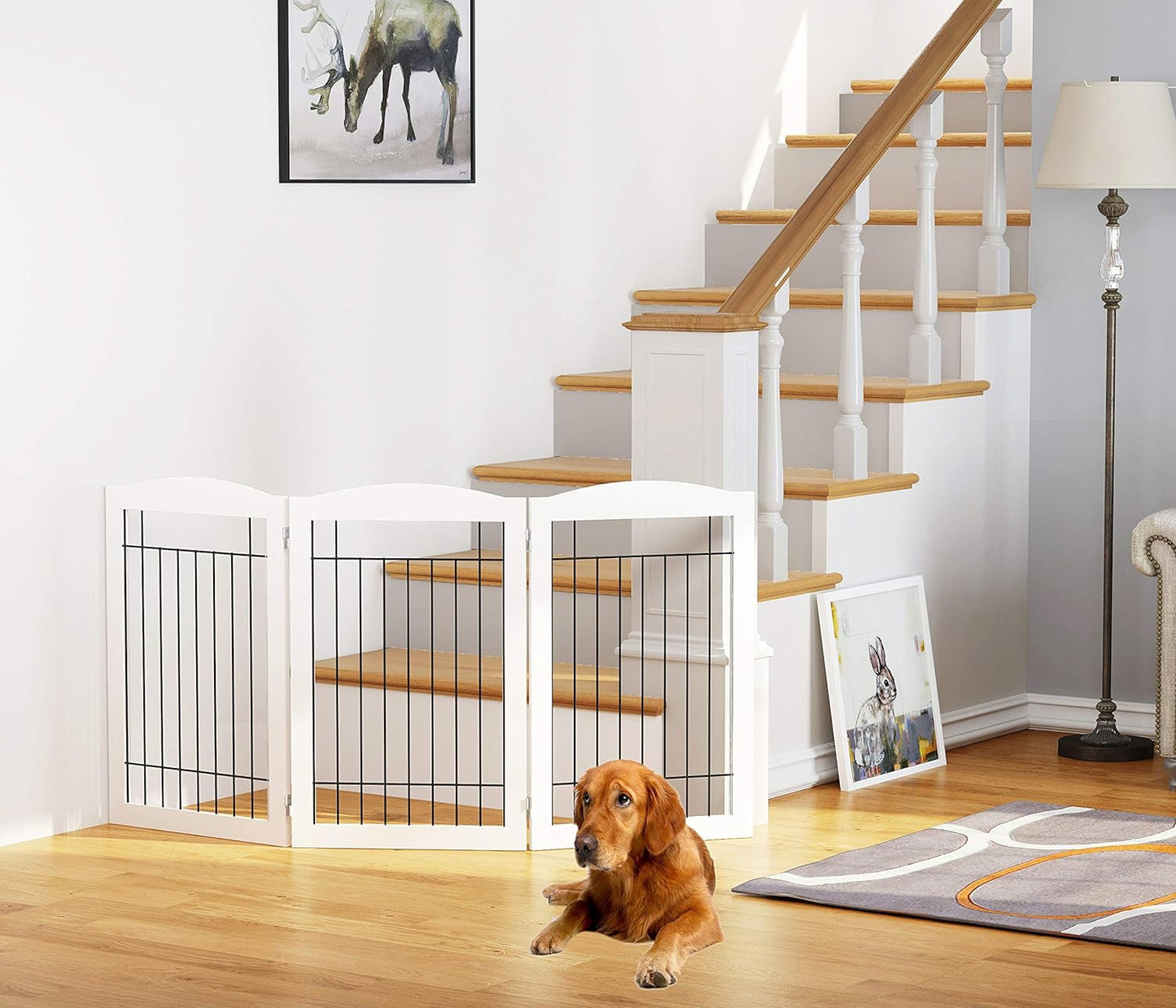 Spirich Freestanding Wire Pet Gate for Dogs, 60 inches Extra Wide, 30 inches Tall Dog Gate for The Houes, Doorway, Stairs, Pet Puppy Safety Fence, White 3 Panels