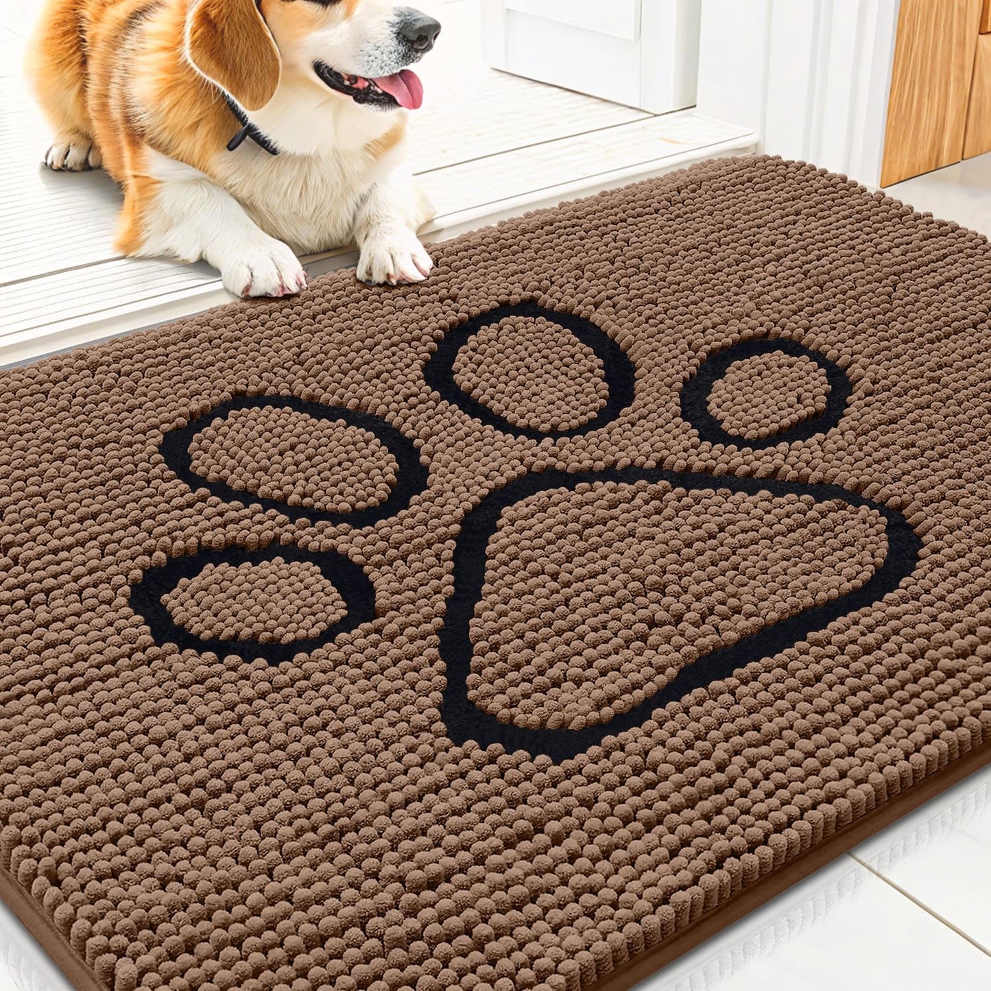Smiry Dog Door Mat for Muddy Paws, Absorbent Dirt Trapper Non Slip Quick Dry Washable Chenille Mat for Mud Dogs, Entry Rug for Indoor and Outdoor (30x20 Inches, Coffee)
