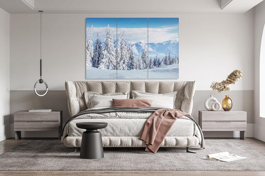 Nature Wall Art Prints - Ocean Forest Mountain Lake Canvas Landscapes - Small to Extra Large Living Room Bedroom Kitchen Bathroom Décor (Snow Covered Trees on Mountain, 35L" x 53W" - 3 Panels)