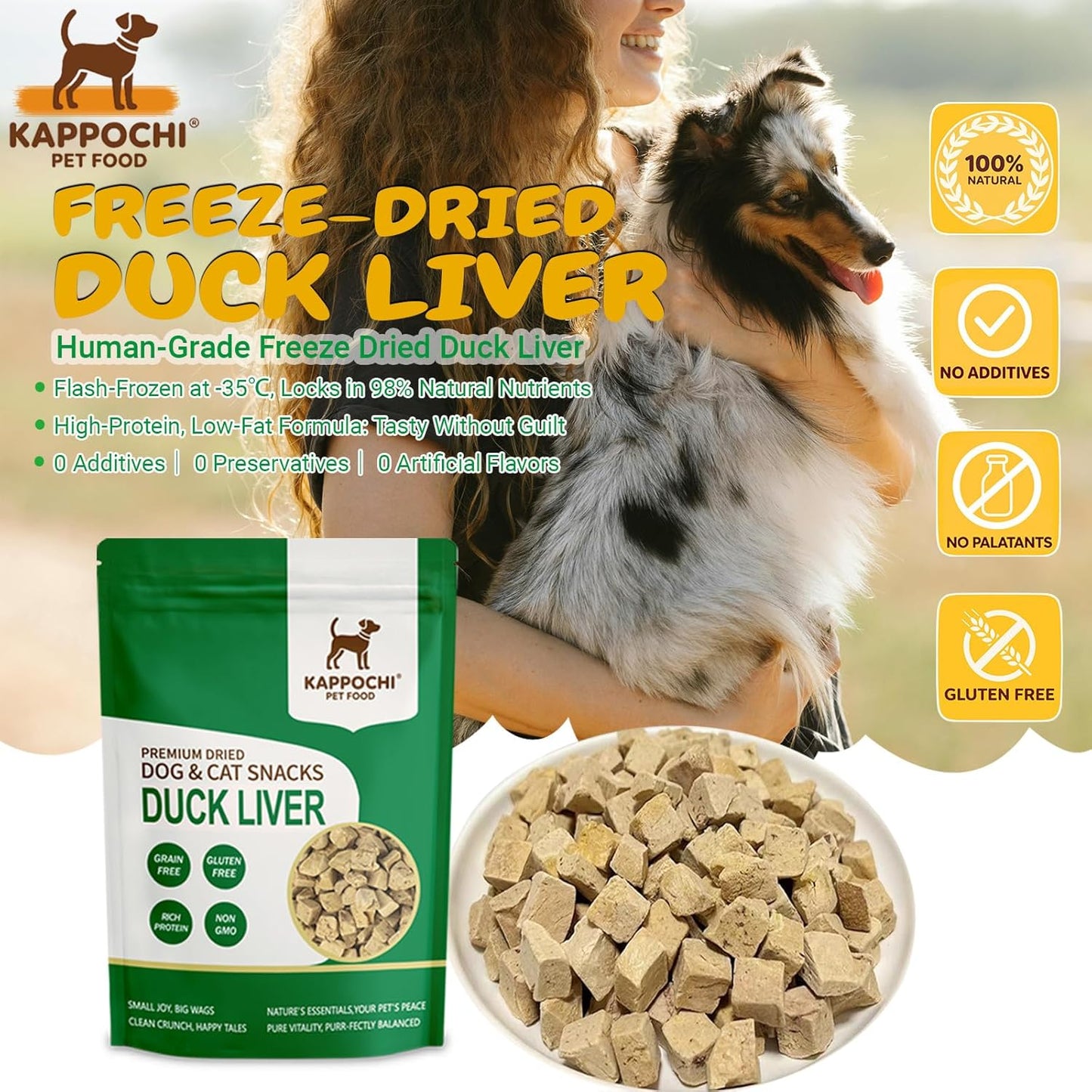 Freeze-Dried Duck Liver Dog Treats, 3.5oz(100.0g), High Protein Training Treats, Single Ingredient, Natural & Raw, No Additives, Grain Free, Gluten Free