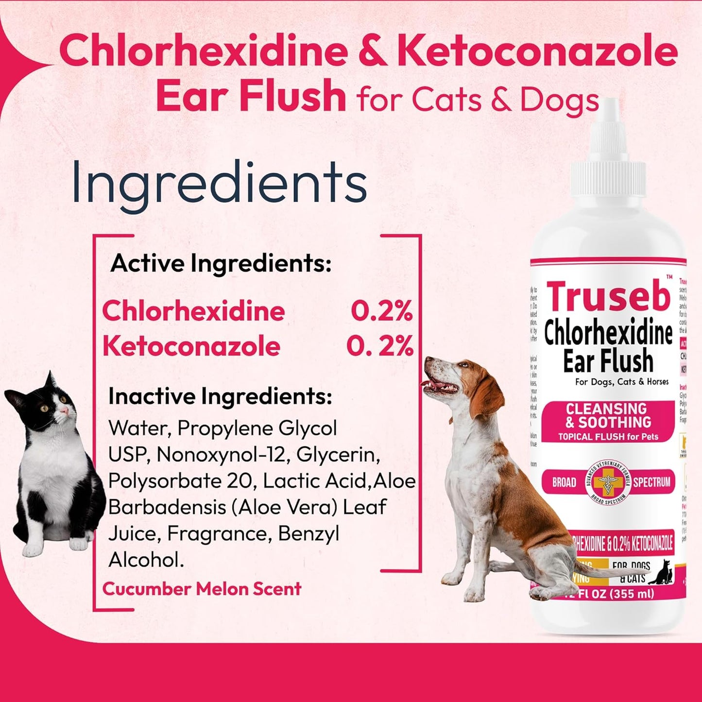 Truseb Advanced Topical Dog Ear Wash with Ketoconazole & Chlorhexidine Ear Flush Dog, Cats and Horses, with Aloe - 12 oz Made in U.S.A (Ketoconazole & Chlorhexidine Ear Flush, 12 oz)