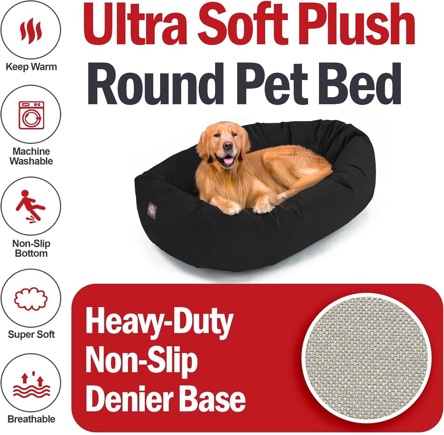 Majestic Pet 40 Inch Suede Shredded Memory Foam Mix Calming Large Dog Bed Washable 40 x 29 x 9 (Inch) - Cozy Soft Round Donut Dog Bed with Spine for Head Support - Pet Bed Black